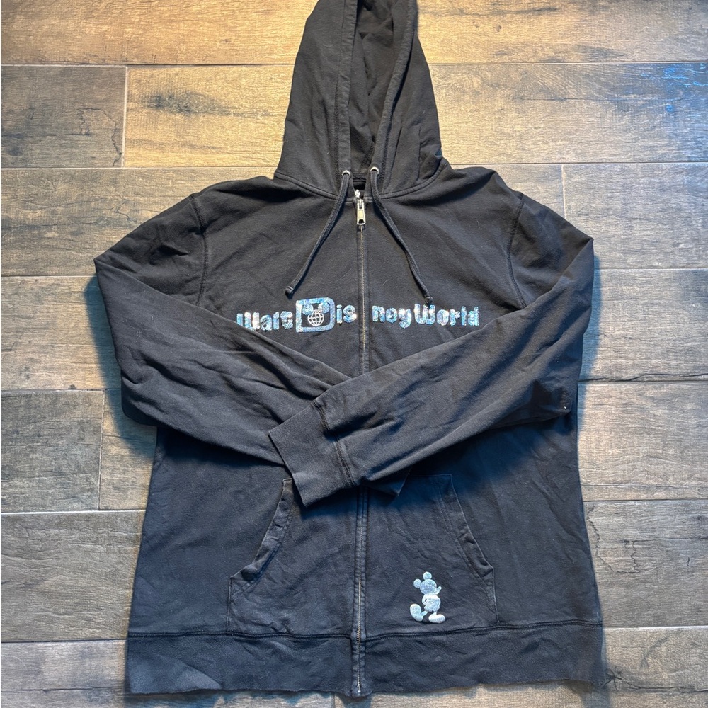 Disney Black Hoodie with Mickey Mouse and Blue Text